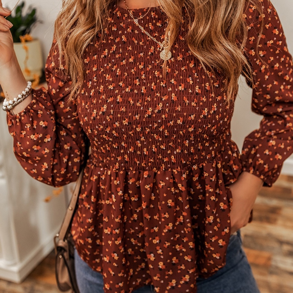 B099 Boho Floral Smocked Bust Ruffled Peplum Blouse - Picture 2 of 3